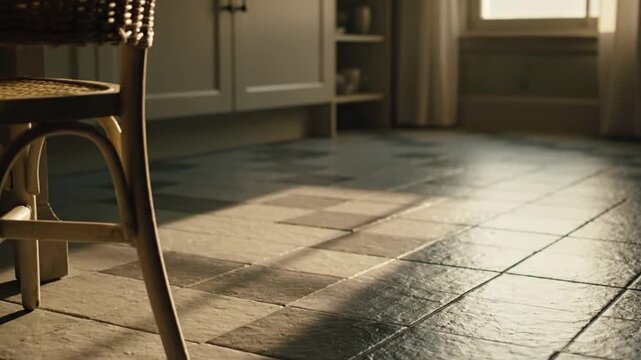 Sunlit patterned tile floor with a rustic woven chair in a cozy interior space.