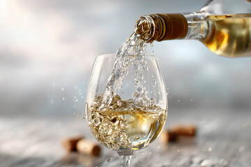 Elegant white wine pouring into a glass with dramatic splash and golden reflections — close-up beverage photo with corks and lively motion