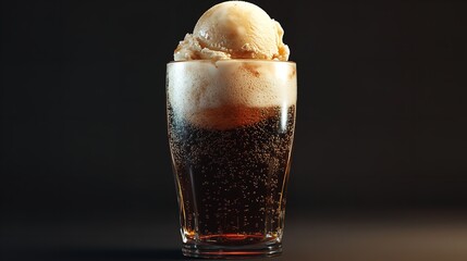 Delicious root beer float with vanilla ice cream in a glass on a dark background