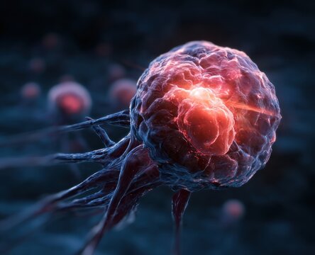 Glowing microscopic cell structure with glowing red core and blue tendrils.