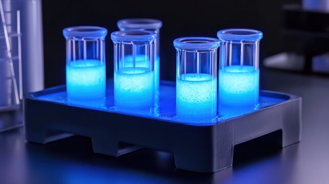 Glowing DNA Bands in Glass Tubes on a Scientific Rack