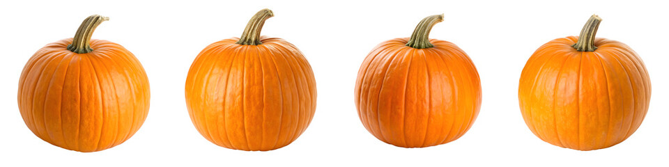 Obraz premium Four orange pumpkins isolated on transparent background, studio shot