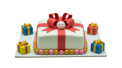Celebrate joyfully with this delightful cake designed as a gift box surrounded by charming miniature presents, perfect for any festive occasion.