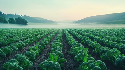 Green broccoli plants growing in rows across a field