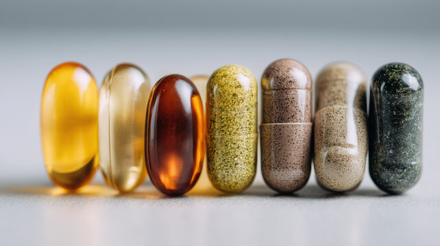 Colorful supplement capsules and tablets stacked in balanced formation with soft light and blurred background on reflective surface