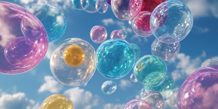 Colorful translucent spheres float against a bright blue cloudy sky.