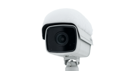 White outdoor security camera covered in snow. Winter CCTV surveillance and safety equipment isolated on a transparent background