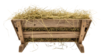 An empty wooden manger filled with hay, isolated on a transparent background. A traditional symbol of the Christmas nativity story and the birth of Jesus Christ