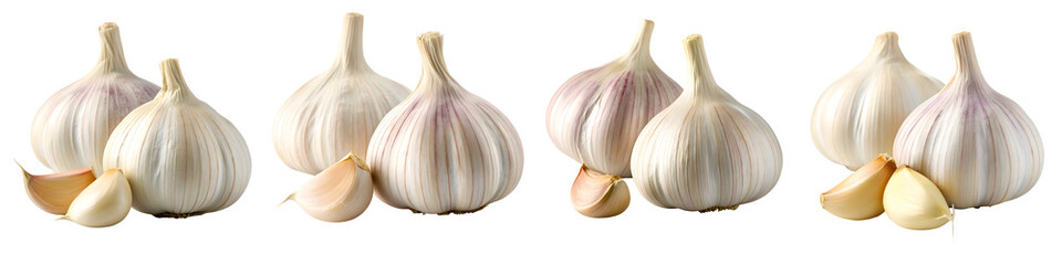 Obraz premium Four garlic bulbs isolated on transparent background, closeup view