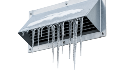 Frozen metal ventilation grille with icicles hanging down. Close-up of an exterior wall vent covered in snow during winter. Isolated object on a transparent background