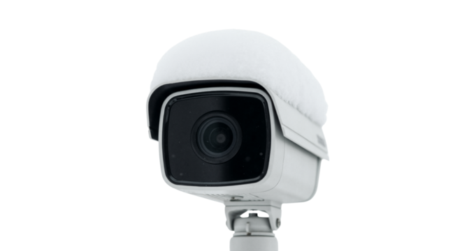 White outdoor security camera covered in snow. Winter CCTV surveillance and safety equipment isolated on a transparent background - Powered by Adobe