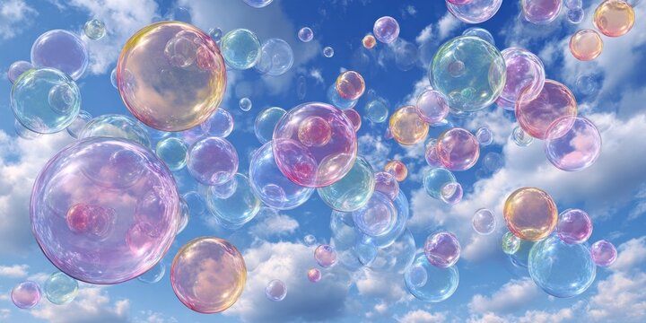 Iridescent soap bubbles float across a bright blue sky with white clouds.