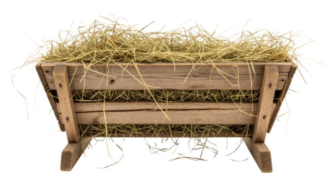 An empty wooden manger filled with hay, isolated on a transparent background. A traditional symbol of the Christmas nativity story and the birth of Jesus Christ