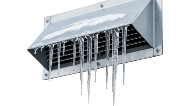 Frozen metal ventilation grille with icicles hanging down. Close-up of an exterior wall vent covered in snow during winter. Isolated object on a transparent background