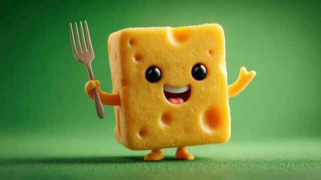 A smiling anthropomorphic cheese character with a fork stands against a green backdrop