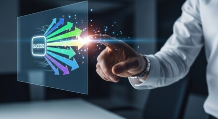 Fototapeta premium Businessman's hand touching digital interface with glowing 'success' button colorful arrows pointing outwards, for growth, strategy, achievement, positive outcomes in business technology