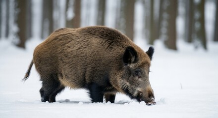 A wild boar foraging for food in a snowy winter forest. Profile of a wild animal in its natural habitat