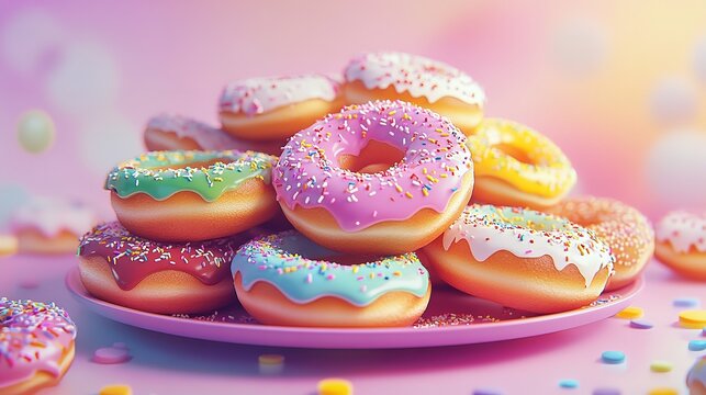A delightful stack of colorful donuts with various toppings, creating a tempting and sweet treat display