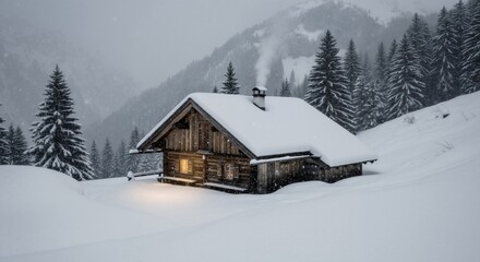 Cozy rustic cabin in a snowy winter mountain forest. House with glowing window light during a heavy snowfall. Idyllic holiday scene