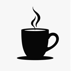Obraz premium Black silhouette of a steaming coffee cup. Minimalist hot drink icon for a cafe menu. Simple flat graphic symbol for tea or cocoa isolated on a white background.