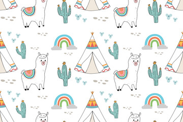 seamless pattern with cute cactus sheep and rainbow