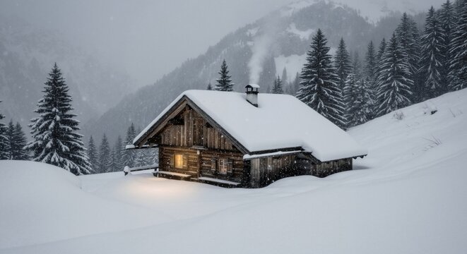 Cozy rustic cabin in a snowy winter mountain forest. House with glowing window light during a heavy snowfall. Idyllic holiday scene