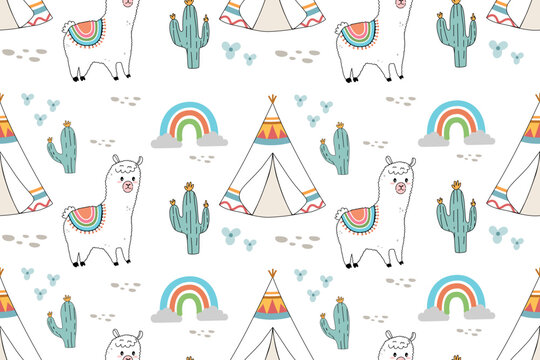 seamless pattern with cute cactus sheep and rainbow