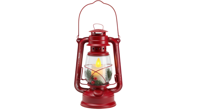 Vintage red lantern with glowing candle and festive pine sprigs brings warm holiday cheer to any scene - Powered by Adobe