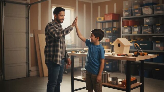 A father and son share a high-five in a workshop, their bond of camaraderie and shared joy and a birdhouse on the workbench, celebrating a shared project and experience.