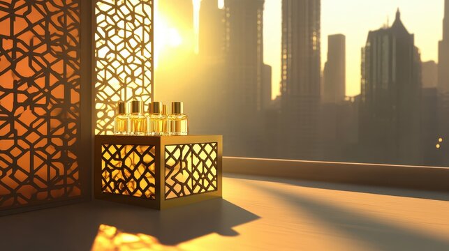 Golden perfume bottles displayed on a brass shelf near a window