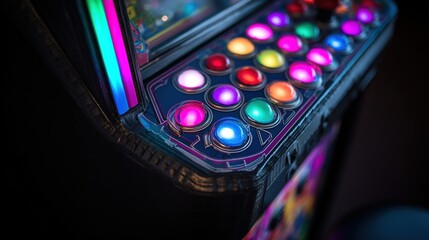 Arcade machine with colorful illuminated buttons, on a dark gaming setup with neon accents, close-up view, copy space.