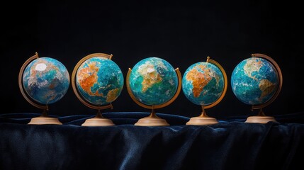 Miniature globes displayed on a dark blue cloth backdrop