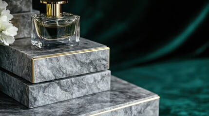 Perfume bottle resting on stacked marble blocks with gold trim