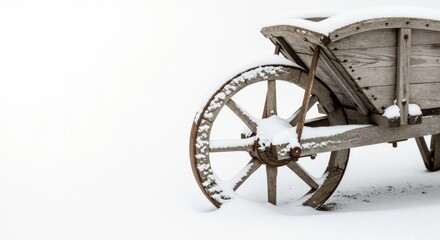 Fototapeta premium A rustic wooden cart wheel covered in snow during winter. Close-up of an antique wagon with a white background and copy space