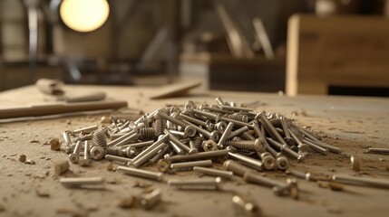 Pile of bolts and nuts scattered on a wooden workbench