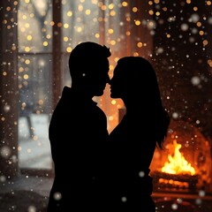 Intimate Christmas Couple Silhouette with Tree and Fireplace