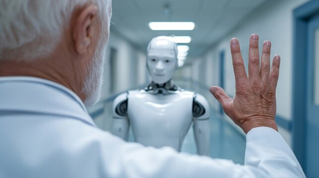 A senior male doctor gestures to a humanoid robot in a hospital corridor, highlighting the integration of technology in healthcare.