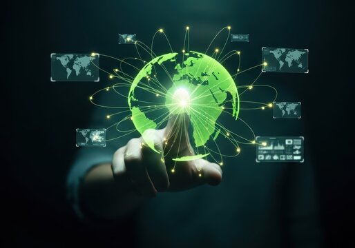Man touching virtual green global network. Earth globe with connection lines. Global communication technology and internet data exchange concept.