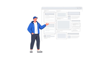 Online Presentation Illustration Featuring a Man Pointing to a Web Design Display
