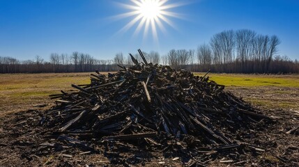 Pile of pulverized wood and debris under bright summer sun