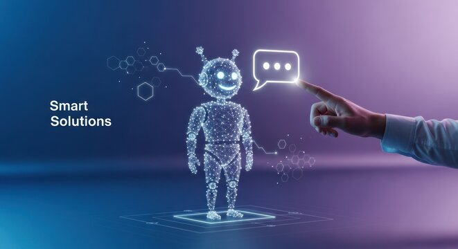 Digital robot chatbot made glowing lines nodes, with speech bubble icon, activated human finger touch, for artificial intelligence, smart solutions, customer service, futuristic