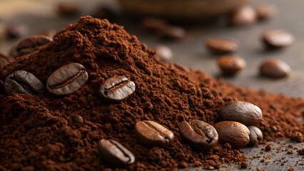 Coffee powder with beans as background, closeup