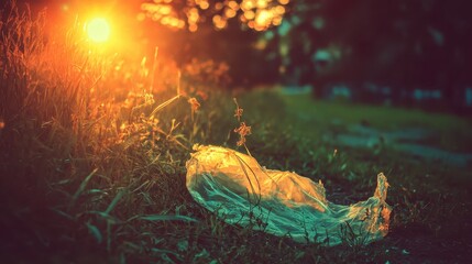 Plastic sheeting discarded in nature with sunlight effect