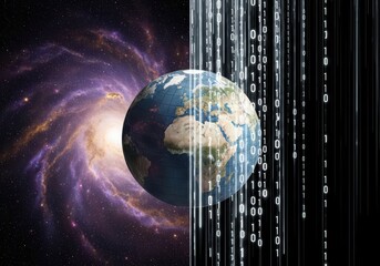 Global data stream over planet earth in starry galaxy background. Digital world connection. Binary code matrix on globe surface.