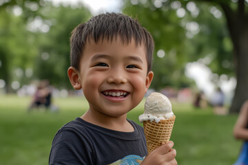 Joyful little Asian boy enjoying ice cream cone in sunny park with vibrant greenery and cheerful atmosphere