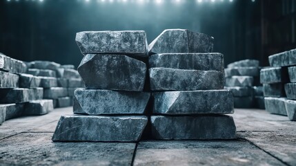 Raw metal ingots stacked together in a dimly lit setting