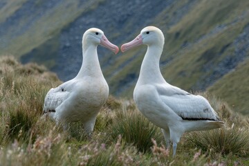 Obraz premium Courtship Display of the Wandering Albatross in the Majestic Outdoors of Antarctica with Awe-Inspiring Greens, Blues, and Whites