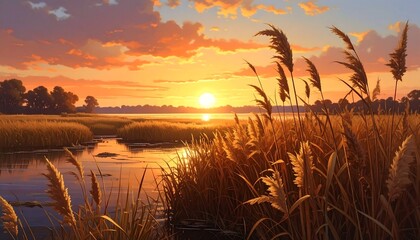 Fototapeta premium A serene marsh landscape at sunset. Golden grasses sway gently in the breeze, reflecting the warm hues of the sky and water