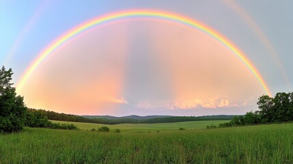 Fototapeta premium Rainbow arching over green rolling hills landscape