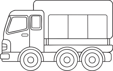 Cargo truck line art illustration with six wheels and covered bed for transport and logistics themes